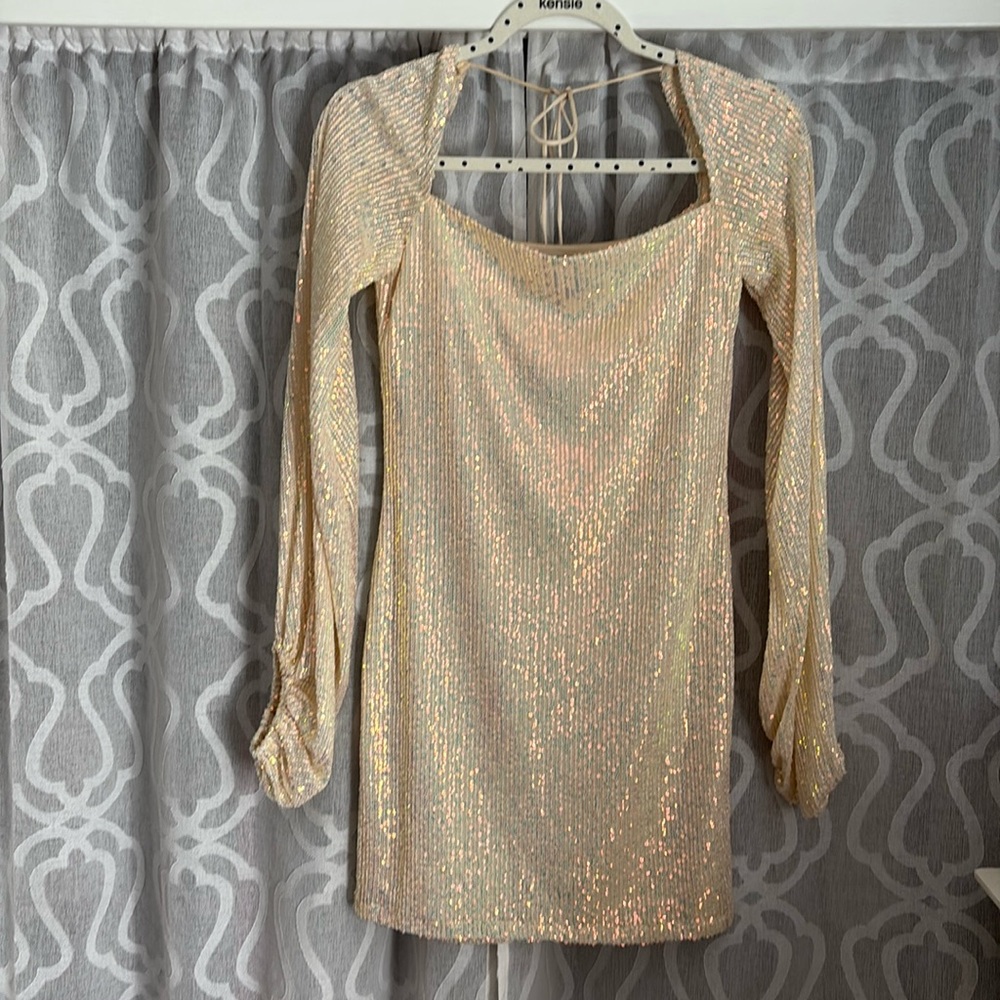 Adorable champagne mini sequin dress with long sleeves